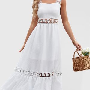 New style solid color hollow lace stitching square collar sleeveless suspender dress