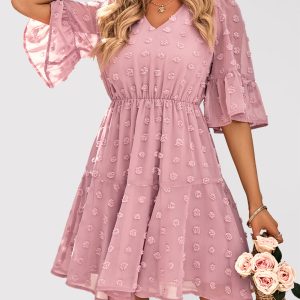 Fashion casual V-neck solid color waist short-sleeved dress