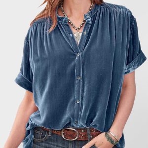 Gold velvet solid color short-sleeved round neck shirt shirt