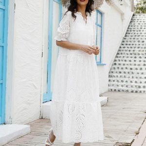 Casual sweet V-neck printed bearded short-sleeved mid-length dress for women