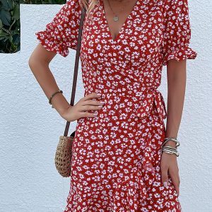 Women's woven floral ruffle one piece floral dress