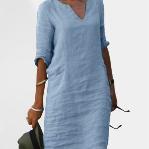 New cotton and linen solid color slim V-neck mid-sleeved dress