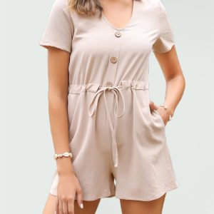 Women's Round Neck Short Solid Color Lapel Lapel Short Sleeve Romper