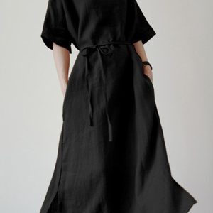 Women's Cotton Linen Loose Solid Color Short Sleeve Belt Slit Dress