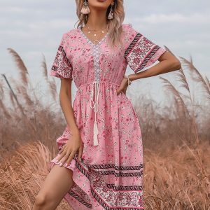 Women's Bohemian Short Sleeve V-Neck Floral Dress