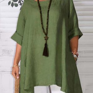 Women's Round Neck Asymmetric Hem Solid Short Sleeve Shirt