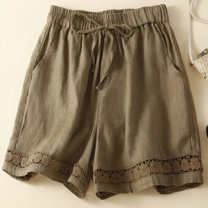 Women's woven cotton linen hollow lace loose shorts