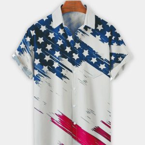 Men's Short Sleeve Loose Shirt American Flag Print Casual Lapel Clothing