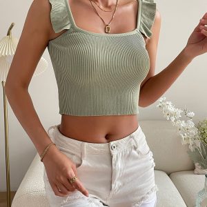 Women's Ruffle Trimmed Small Flying Sleeves Navelless Short Slim Tank Top