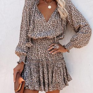 Women's Long Sleeve V Neck Fashion Printed Waist Dress