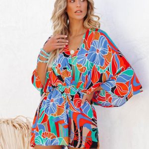 New Elegant Casual Fashion Printed Waist Short Sleeve Jumpsuit