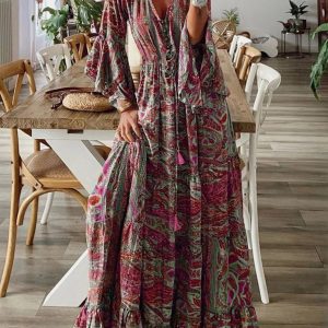 Bohemian style trumpet sleeve printed V-neck high waist holiday dress floral female long skirt