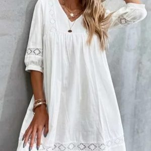 New V-neck simple cotton mid-sleeve casual vacation dress