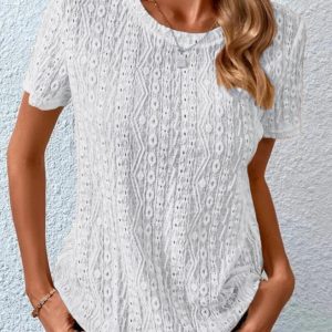Women's Comfortable Fresh Sweet Round Neck Hollow Short Sleeve T-Shirt