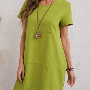 Women's Woven Solid Color V-Neck Short Sleeve Dress
