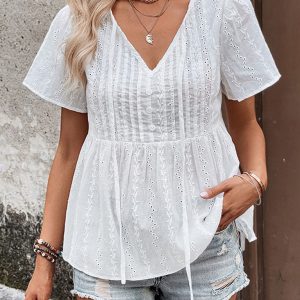 New fashion women's casual v-neck white blouse