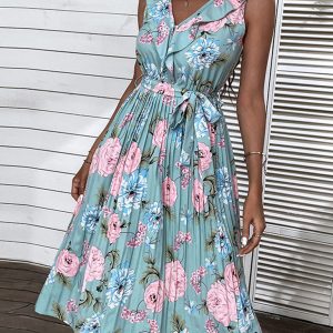 New Beach Dress Blue Ruffle Flower Sling Dress