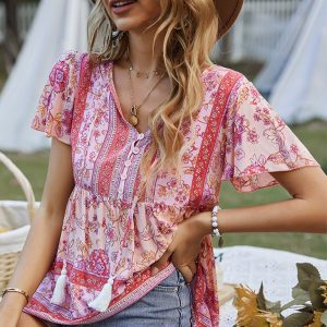 Bohemian Print Casual Resort Style Short Sleeve Ladies Top