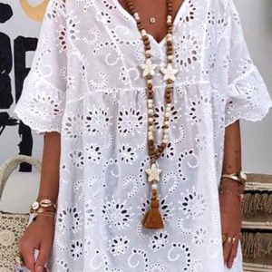 Women's new V-neck hollow embroidered blouse short-sleeved dress