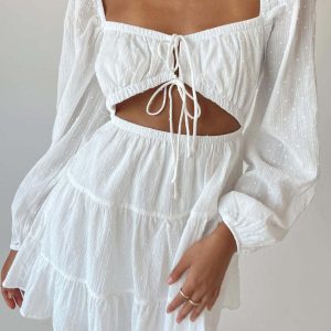 Women's elegant square-neck long-sleeved lace-up hollow short white dress
