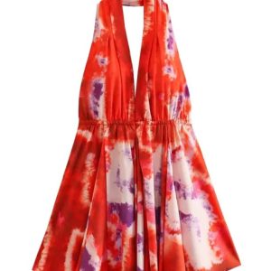 New fashionable V-neck suspender sexy printed halter neck short dress