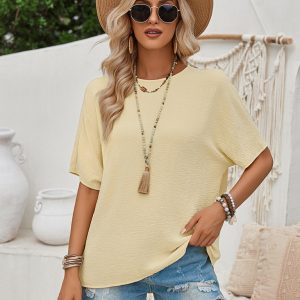 Loose round neck solid color lace back short sleeve top for women