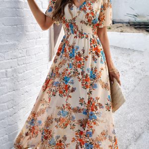 Women's elegant printed waist-cinching short-sleeved dress