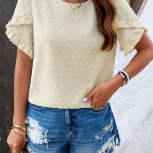 Women's elegant solid color round neck short-sleeved top blouse