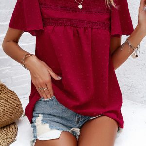 Women's elegant solid color short-sleeved lace blouse