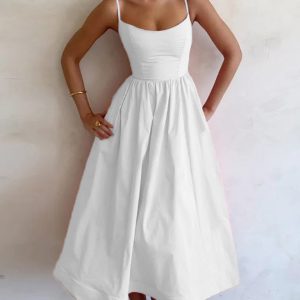 Women's sexy U-neck waist pleated suspender dress