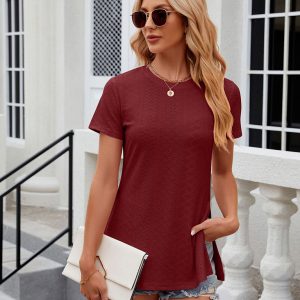 Women's round neck slit short sleeve loose T-shirt top