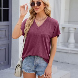 Women's V-neck solid color casual short-sleeved T-shirt top