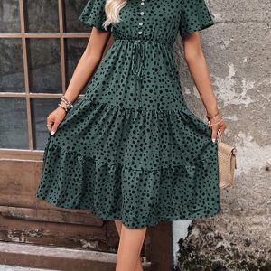 Women's new V-neck waisted short-sleeved printed dress