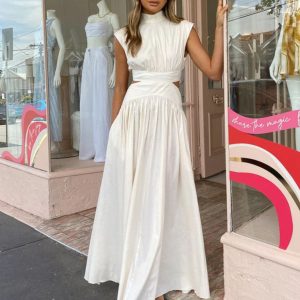 New solid color empty waist sexy exposed waist pleated large skirt dress