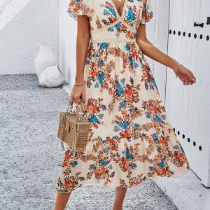 Women's new casual holiday printed V-neck short-sleeved waist dress