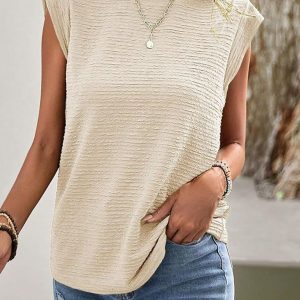 Women's Solid Color Pleated Round Neck Short Sleeve Fashion Casual T-Shirt