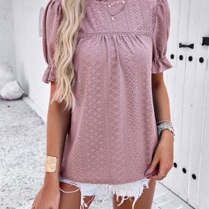 Casual solid color short sleeve hollow top