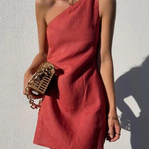 New casual solid color slant shoulder dress