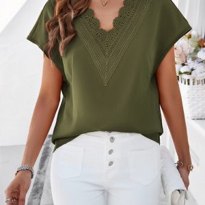 Women's casual solid color V-neck short-sleeved shirt