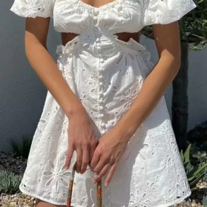 French one-shoulder breasted lace hollow backless sexy short dress