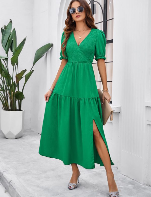 New spring and summer solid color temperament V-neck short-sleeved long skirt - Image 13