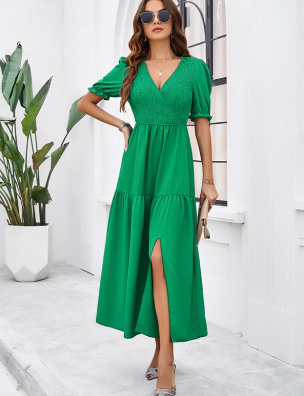 New spring and summer solid color temperament V-neck short-sleeved long skirt - Image 15