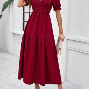 New spring and summer solid color temperament V-neck short-sleeved long skirt