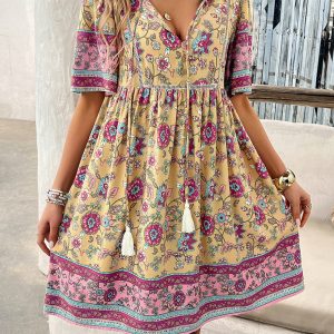 Spring and summer casual holiday printed short-sleeved dress