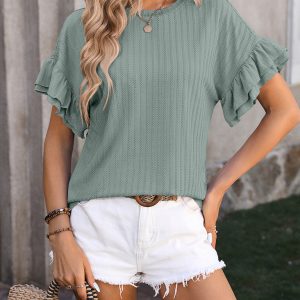 New solid color round neck ruffle sleeve short sleeve T-shirt top