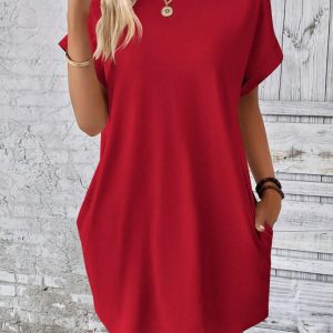 New spring and summer solid color round neck loose short sleeve pocket dress