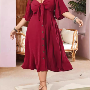 Plus size bow V-neck short-sleeved dress