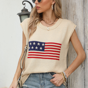 New Independence Day Round Neck Flag Knit Short Sleeve Sweater