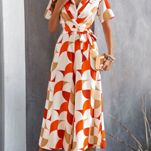 Women's Temperament Short Sleeve Contrast Color Print High Waist Jumpsuit