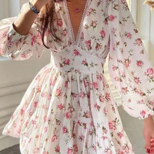New Sweet Printed V-Neck Lace Short Dress